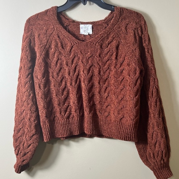 Hippie Rose Cropped V Neck Cable Knit Sweater Brown XS Cozy Fall Casual Winter - Picture 6 of 6